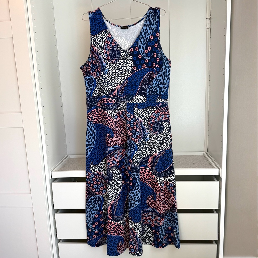 Talbots Petite Blue Pink Pailsley Fit & Flare Stretch Sleeveless Maxi Dress - Picture 2 of 13